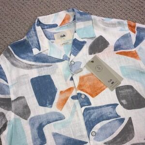 Folk Mens Abstract Print Linen Blend Short Sleeve Camp Collar Shirt Small NWT